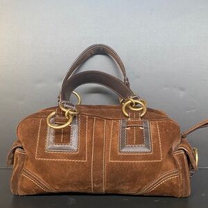 Coach SMALL Hvy Leather Suede Mia Soho Satchel Barrel Shoulder Bag F10061 Brown